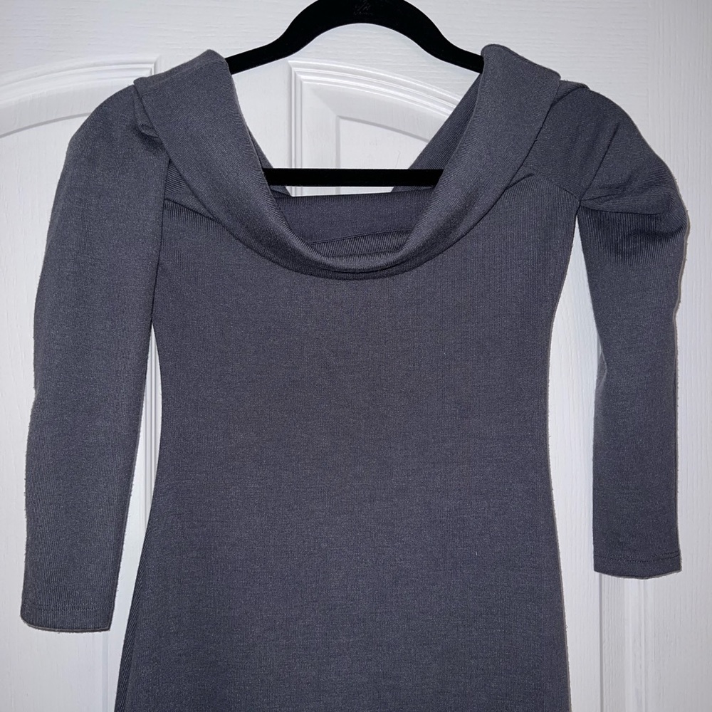 Long grey knit cowl neck dress with 3/4 sleeves